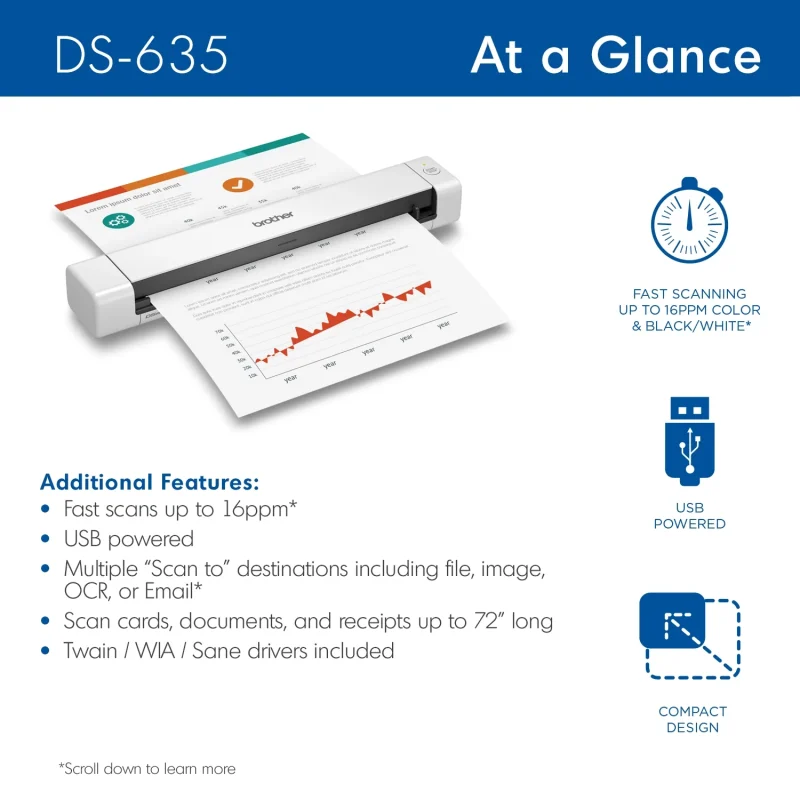 Brother Portable DS-635 Compact Mobile Document Scanner - Image 2
