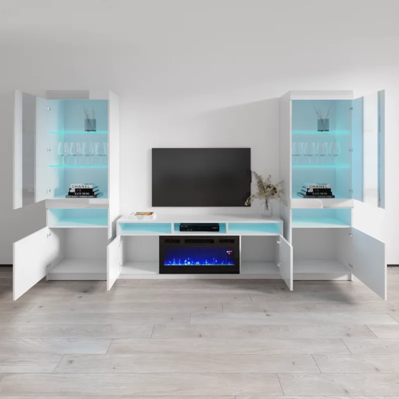 Reno 05 Electric Fireplace Modern Wall Unit Entertainment Center - White - Image 6