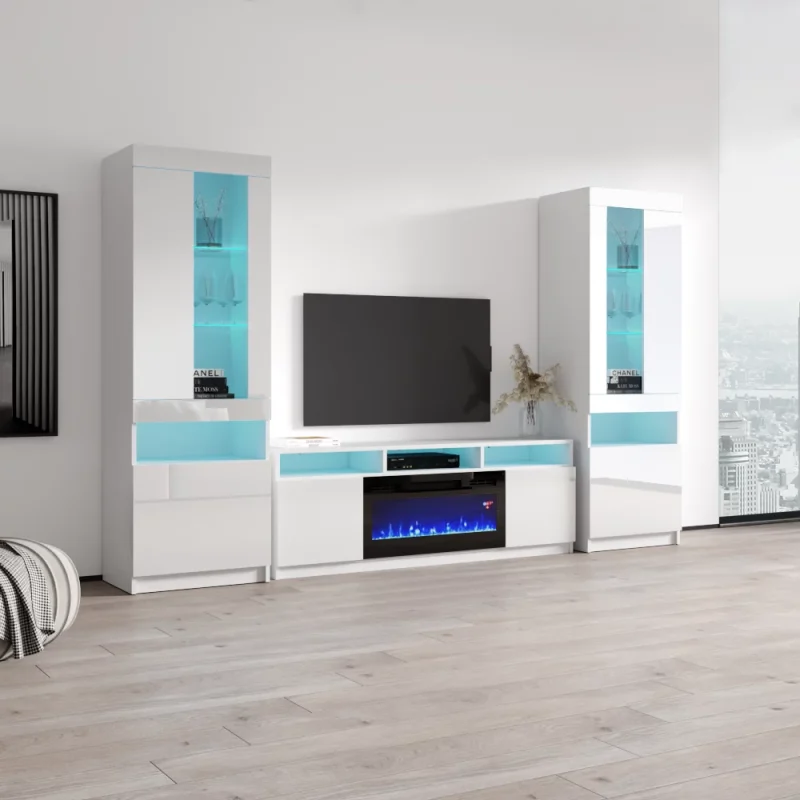 Reno 05 Electric Fireplace Modern Wall Unit Entertainment Center - White - Image 2