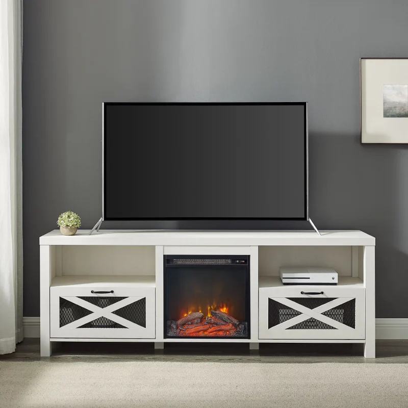 Walker Edison Farmhouse Drop-Door Fireplace TV Stand, White - Image 2