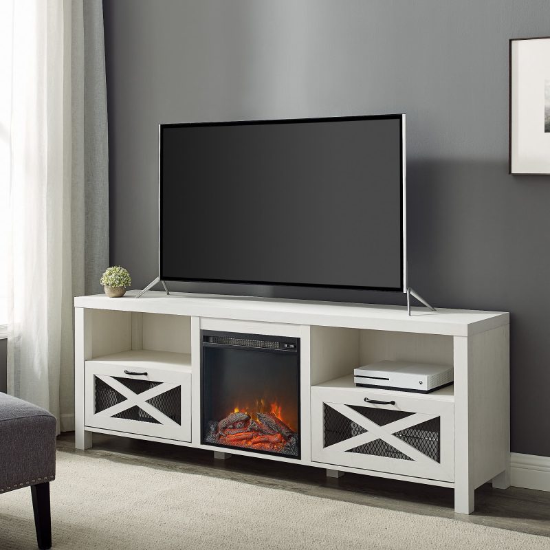 Walker Edison Farmhouse Drop-Door Fireplace TV Stand, White